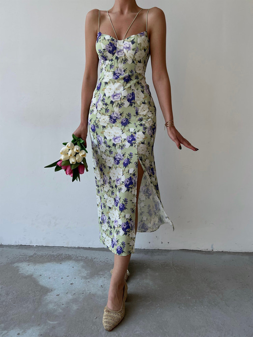 Yırtmaçlı İnce Lastik Askılı Çiçekli Nidus Kadın Yeşil Elbise 22Y000329