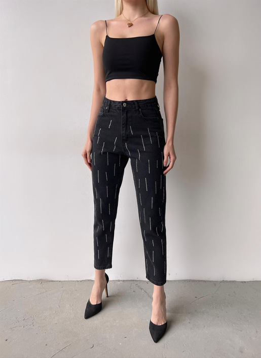 Yüksek Bel Lenora Kadın Antrasit Taş Detaylı Mom Jean 23Y000062