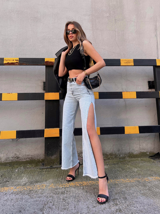 Yüksek Bel Paçası Yandan Derin Yırtmaçlı Jamir Kadın Mavi Jean 22Y000231