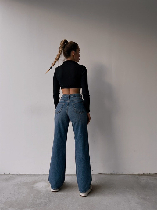 Yüksek Bel Yırtıklı Alanzo Kadın Mavi Palazzo Jean 22K000456