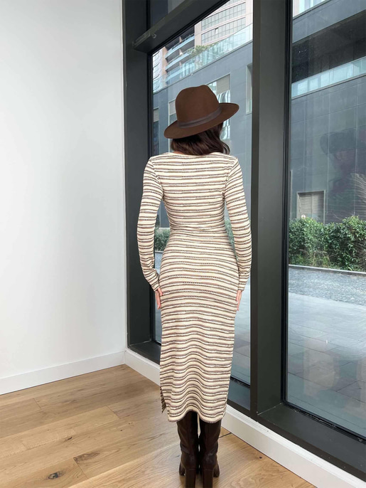 Yuvarlak Yaka Uzun Kollu Zion Kadın Çizgili Bej Elbise 24k267