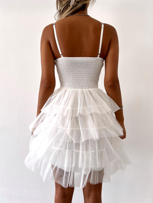 Zincir Askılı Eteği Tül Fırfır Detaylı Taryn Kadın Beyaz Mini Elbise 23Y000028