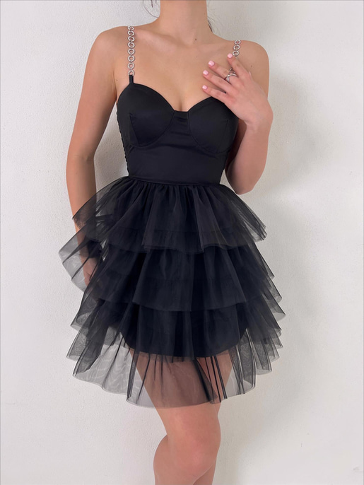 Zincir Askılı Eteği Tül Fırfır Detaylı Taryn Kadın Siyah Mini Elbise 23Y000028