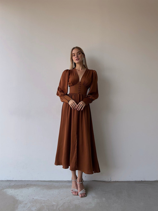 	Kiloş Balon Kol Beli Düğmeli Viktoria Kadın Kahve Uzun Elbise 22K000051