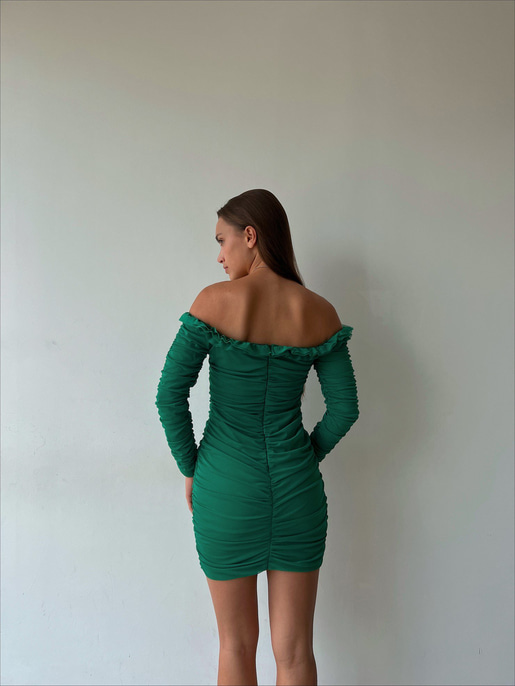 	Omuz Fırfırlı Önden Düğme Detaylı Drapeli Uzun Kol Zanobi Kadın Yeşil Mini Elbise 23K000110