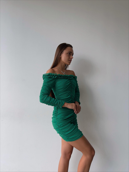 	Omuz Fırfırlı Önden Düğme Detaylı Drapeli Uzun Kol Zanobi Kadın Yeşil Mini Elbise 23K000110