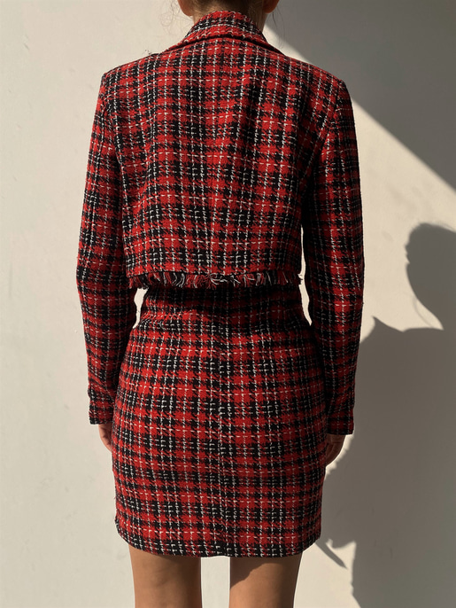  Önü Cepli Düğmeli Kareli Kısa Kadın Kırmızı Tüvit Ceket 22K000206