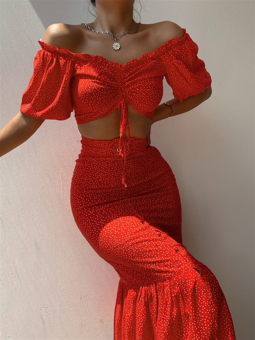 Açık Omuz Crop Volanlı Kemerli Etek Kadın Kırmızı Takım 21Y000453