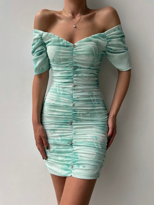 Açık Omuz Drape Önden Düğme Detaylı Pirmin Kadın Mint Elbise 22Y000323