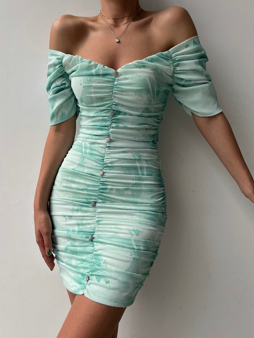 Açık Omuz Drape Önden Düğme Detaylı Pirmin Kadın Mint Elbise 22Y000323