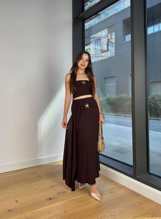 Aksesuar ve Bağlama Detaylı Eppil Kahve Kadın Takım 25Y546