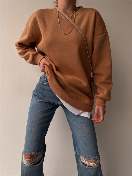 Alt Kısmı Beyaz Gömlek Parçalı Uzun Deanna Kadın Taba Sweat 22K000255