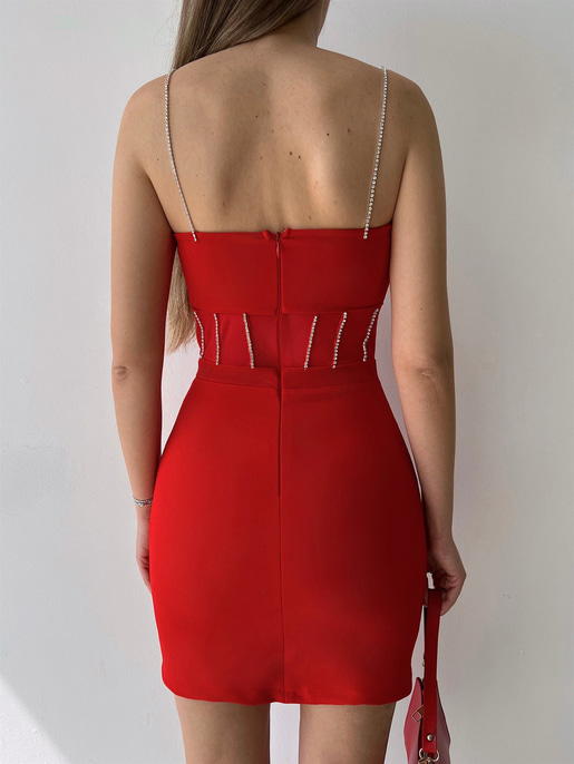 Askı Ve Bel Çevresi Taş Detaylı Beli Tül Yahir Kadın Kırmızı Mini Elbise 22Y000280