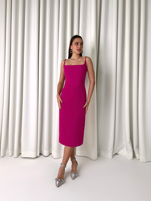 Askılı Korse Detay Tina Kadın Fuşya Kalem Midi Elbise 23K000455