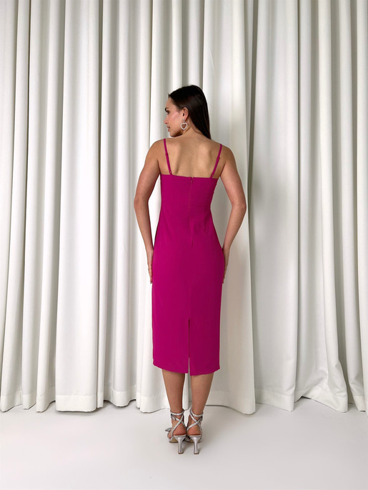 Askılı Korse Detay Tina Kadın Fuşya Kalem Midi Elbise 23K000455