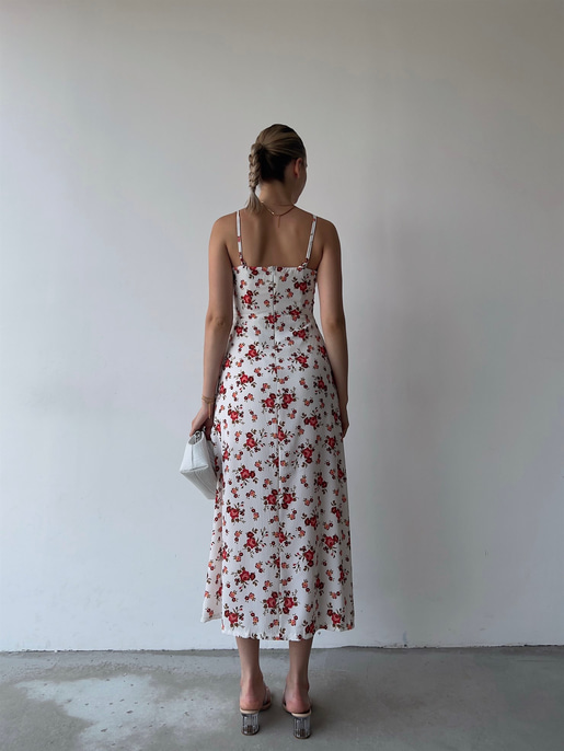 Askılı Midi Boy Göğüsü Drapeli Çiçek Desenli Yırtmaçlı Ardere Kadın Beyaz Elbise 22Y000358