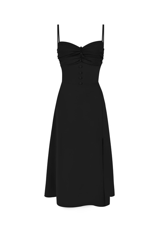 Askılı Önü Büzgülü Düğme Detaylı Sırt Dekolteli Yırtmaçlı Urien Kadın Siyah Midi Elbise 23K000454