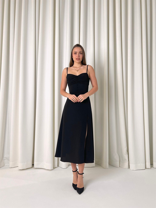 Askılı Önü Büzgülü Düğme Detaylı Sırt Dekolteli Yırtmaçlı Urien Kadın Siyah Midi Elbise 23K000454