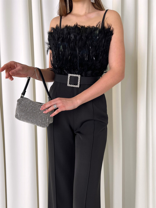 Askılı Önü Tüy Detaylı Belden Kemerli Paddy Kadın Siyah Tulum 23K000444