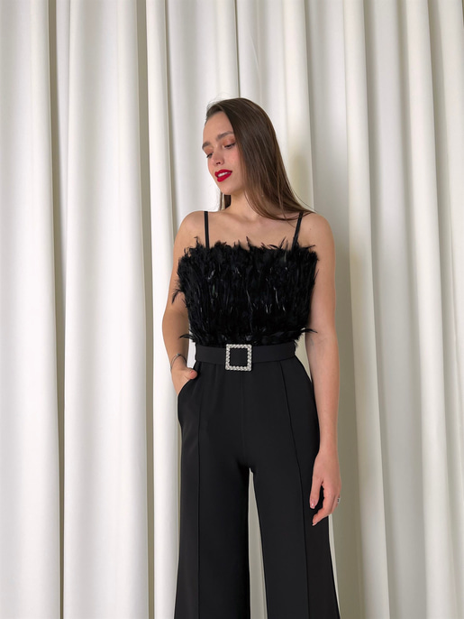 Askılı Önü Tüy Detaylı Belden Kemerli Paddy Kadın Siyah Tulum 23K000444