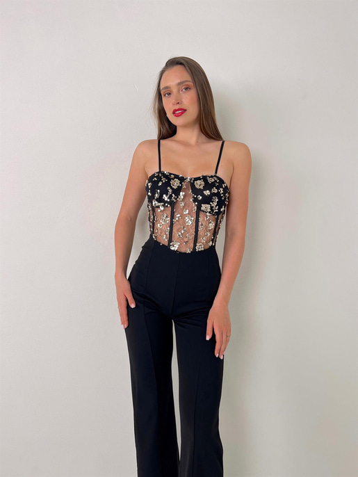 Askılı Transparan Korse Görünümlü Önü Taşlı Merg Kadın Siyah Tulum 23Y000081