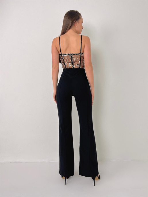 Askılı Transparan Korse Görünümlü Önü Taşlı Merg Kadın Siyah Tulum 23Y000081