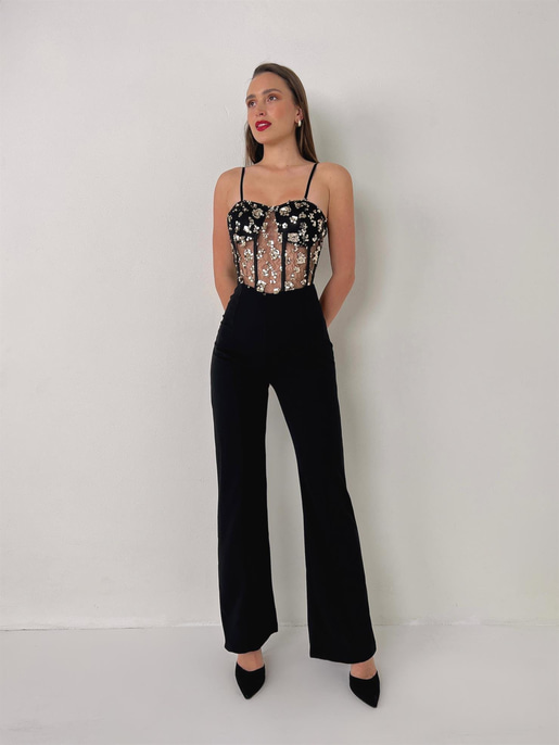 Askılı Transparan Korse Görünümlü Önü Taşlı Merg Kadın Siyah Tulum 23Y000081