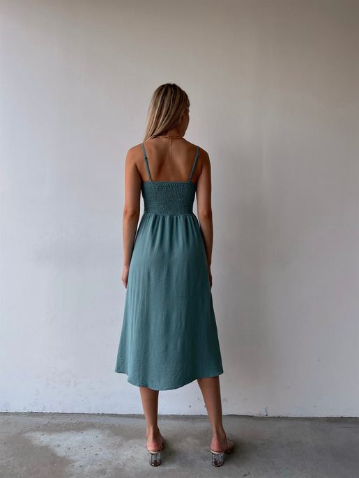 Askılı Yakası Büzgülü Bağcıklı Corinne Kadın Mint Renk Midi Elbise 22Y000073