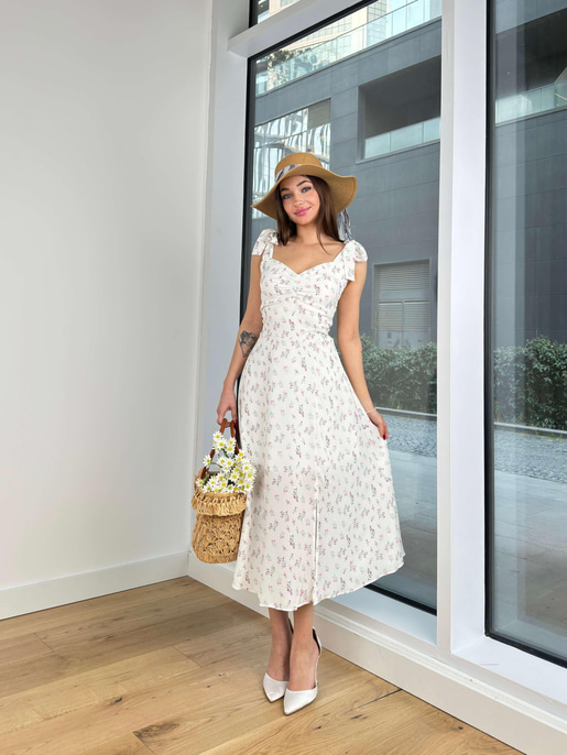 Askısı Bağlamalı Önü Büzgü Detaylı Esport Kadın Ekru Elbise 24Y212