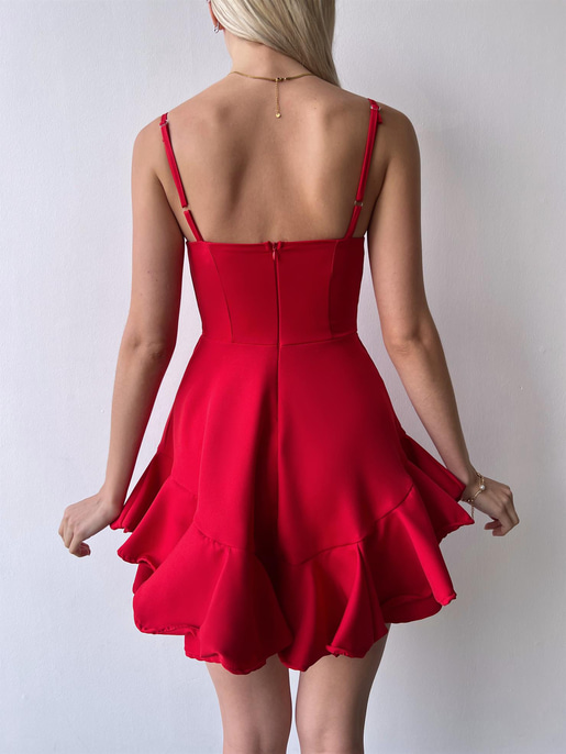 Ayarlanabilir İnce Askılı Eteği Volanlı Finn Kadın Kırmızı Mini Elbise 23Y000164