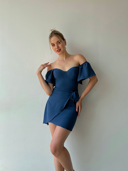 Ayarlanabilir Lastik Omuz Beli Bağcıklı Jovia Kadın İndigo Elbise 22Y000331
