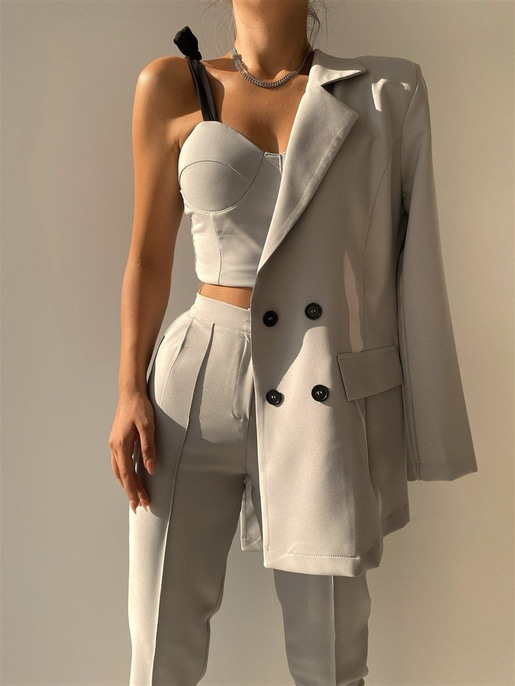 Ayarlanır Bağcıklı Crop Blazer Ceket Pantolon Aureliana Kadın Gri Üçlü Takım 22K000059