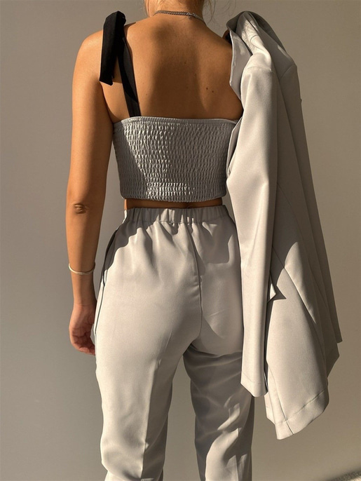 Ayarlanır Bağcıklı Crop Blazer Ceket Pantolon Aureliana Kadın Gri Üçlü Takım 22K000059