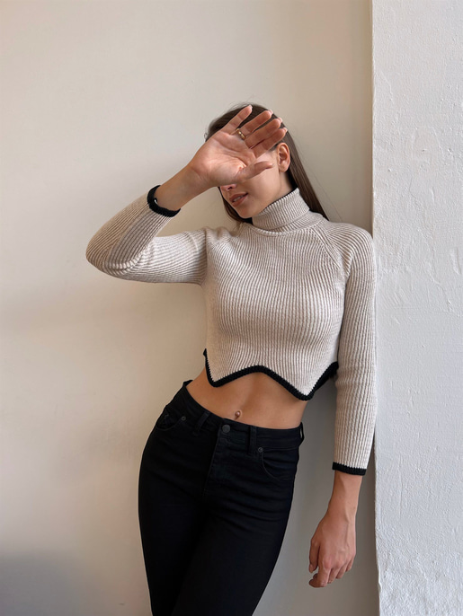 Balıkçı Yaka Bel Detaylı Monica Kadın Taş Crop Kazak 23K000197