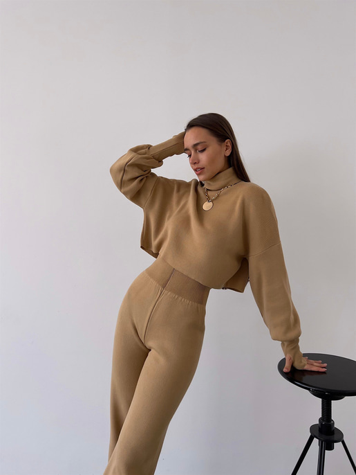 Balıkçı Yaka Üst Geniş Paça Alt London Kadın Vizon Triko Takım 22K000266
