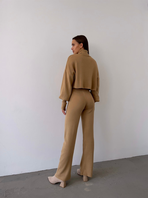 Balıkçı Yaka Üst Geniş Paça Alt London Kadın Vizon Triko Takım 22K000266