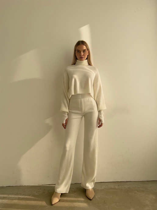 Balıkçı Yaka Üst Geniş Paça Alt London Kadın Ekru Triko Takım 22K000266