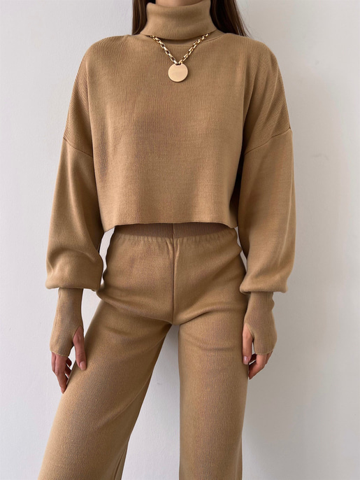 Balıkçı Yaka Üst Geniş Paça Alt London Kadın Vizon Triko Takım 22K000266