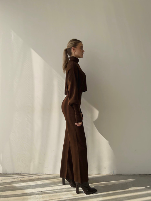 Balıkçı Yaka Üst Geniş Paça Alt London Kadın Kahve Triko Takım 22K000266