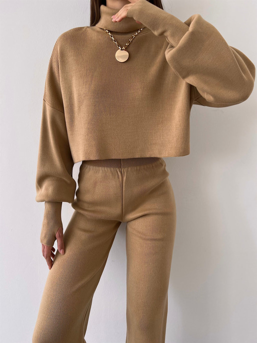 Balıkçı Yaka Üst Geniş Paça Alt London Kadın Vizon Triko Takım 22K000266