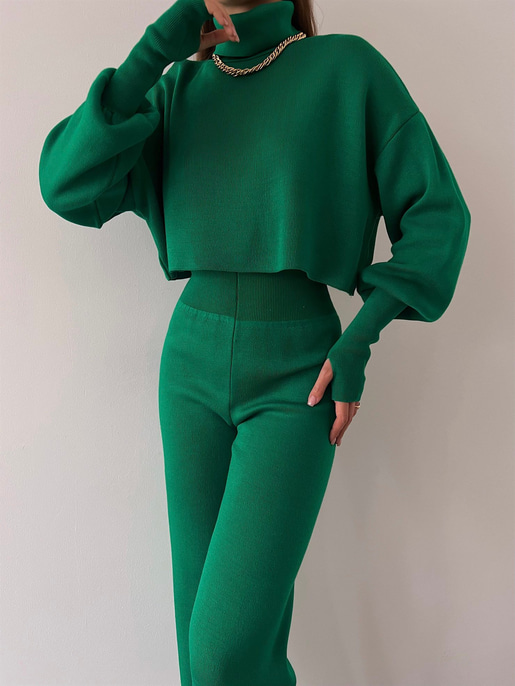 Balıkçı Yaka Üst Geniş Paça Alt London Kadın Zümrüt Triko Takım 22K000266
