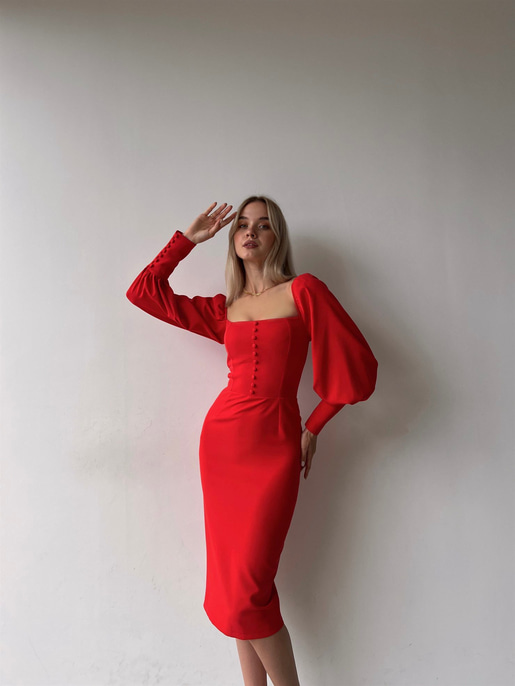 Balon Kol Düğme Detaylı Midi Boy Kadın Kırmızı Kalem Elbise 22Y000008
