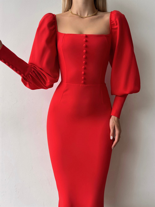 Balon Kol Düğme Detaylı Midi Boy Kadın Kırmızı Kalem Elbise 22Y000008