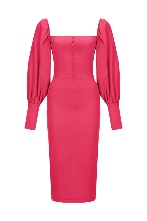 Balon Kol Düğme Detaylı Midi Boy Kadın Fuşya Kalem Elbise 22Y000008