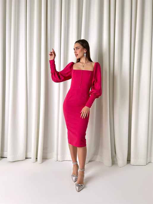 Balon Kol Düğme Detaylı Midi Boy Kadın Fuşya Kalem Elbise 22Y000008
