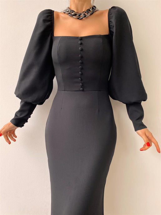 Balon Kol Düğme Detaylı Midi Boy Kadın Siyah Kalem Elbise 22Y000008