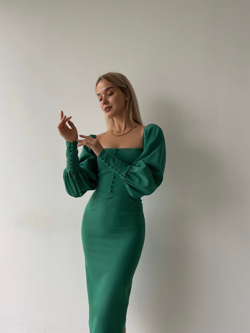 Balon Kol Düğme Detaylı Midi Boy Kadın Yeşil Kalem Elbise 22Y000008