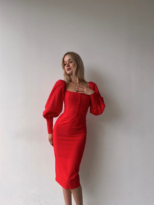 Balon Kol Düğme Detaylı Midi Boy Kadın Kırmızı Kalem Elbise 22Y000008