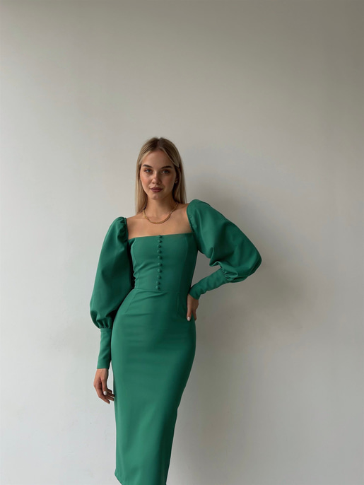 Balon Kol Düğme Detaylı Midi Boy Kadın Yeşil Kalem Elbise 22Y000008