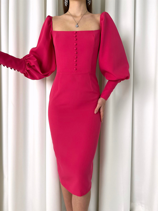 Balon Kol Düğme Detaylı Midi Boy Kadın Fuşya Kalem Elbise 22Y000008